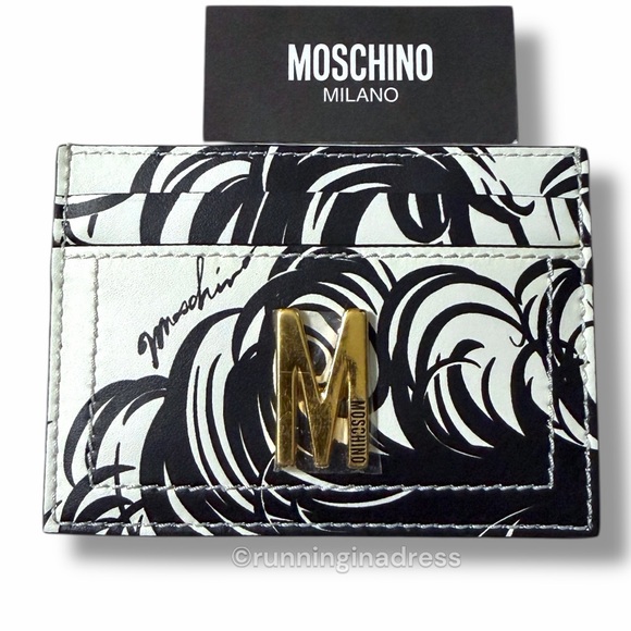 New Moschino Black & White Feather Print M Logo Card Holder